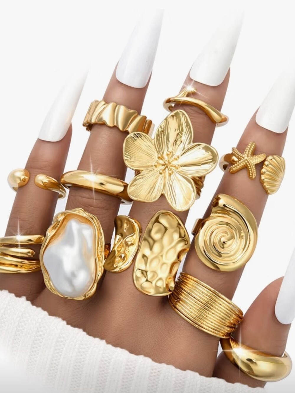 Gold Plated Floral & Shell Statement Ring Set - Women Jewelry